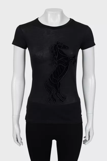 Black T-shirt with velor decor