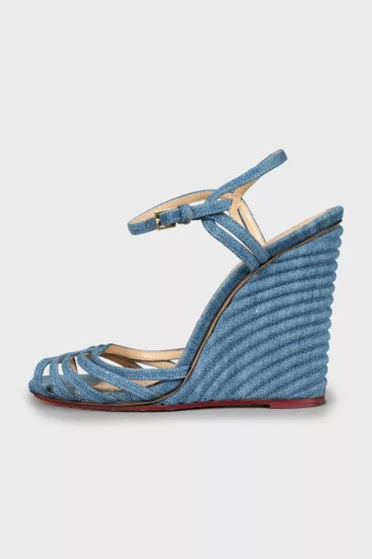 Denim sandals with textured wedge