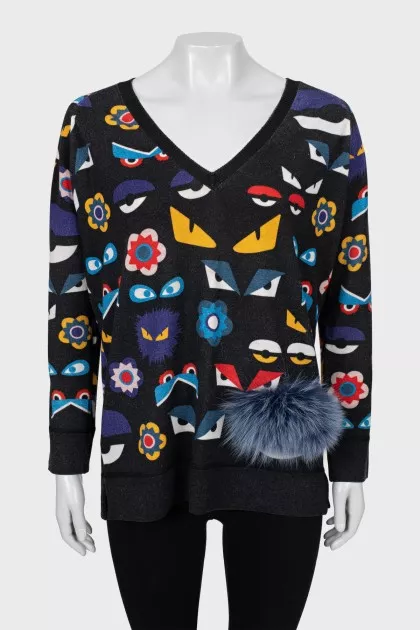 Printed pullover decorated with fur
