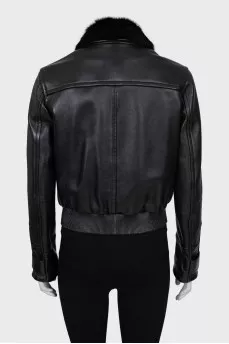 Leather jacket with fur collar