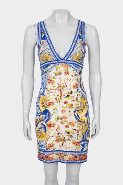 Printed mini dress with plunging neckline