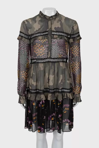 A-line dress in a combined print
