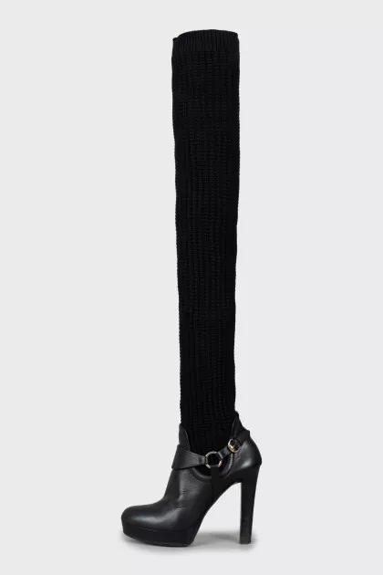 Black over the knee boots with knitted upper