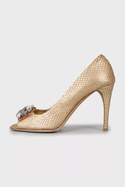 Gold-tone snakeskin shoes