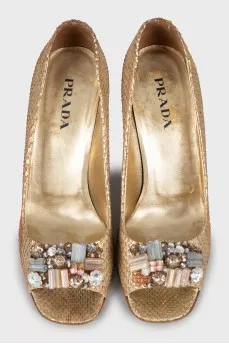 Gold-tone snakeskin shoes
