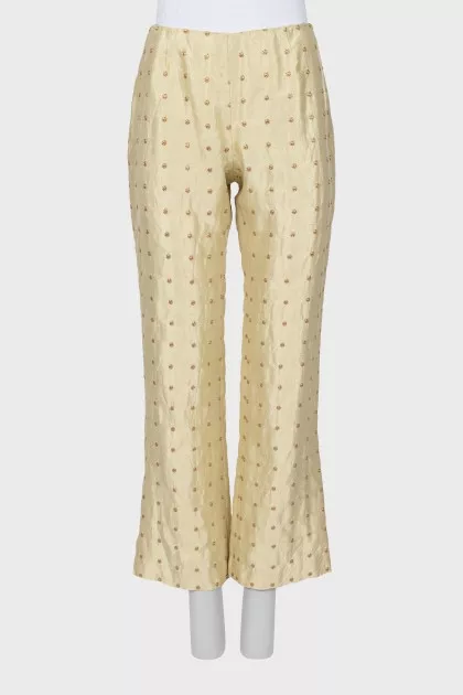 Silk flared trousers with embroidery