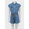 Denim overalls with belt and tag