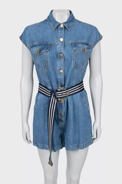 Denim overalls with belt and tag