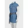 Denim overalls with belt and tag