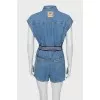 Denim overalls with belt and tag