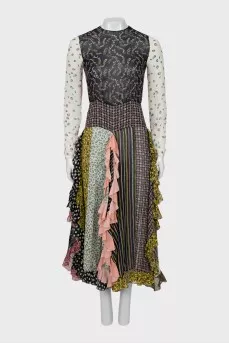 Silk dress with combined print