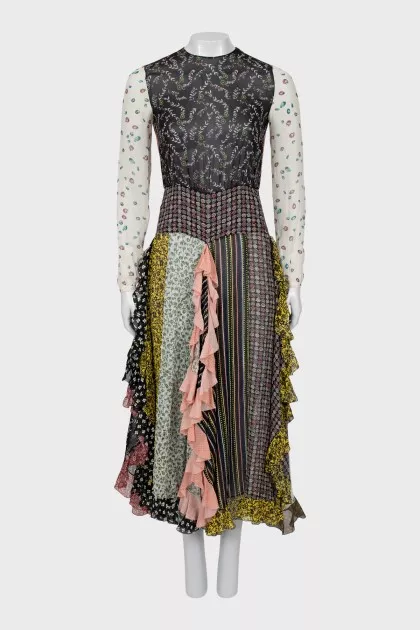 Silk dress with combined print