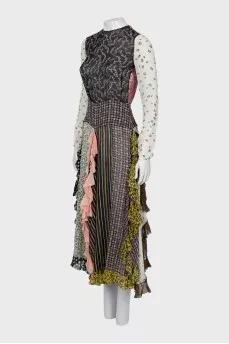 Silk dress with combined print