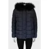 Down jacket with print decorated with fur