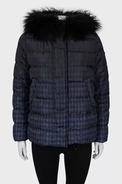 Down jacket with print decorated with fur