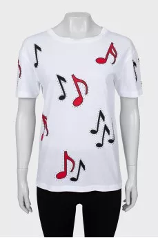 T-shirt with print decorated with rhinestones