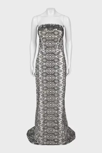 Off-the-shoulder dress decorated with rhinestones