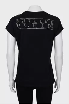 Black T-shirt with a skull made of rhinestones