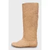 Brown boots with perforation on suede