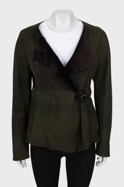 Leather sheepskin coat with belt