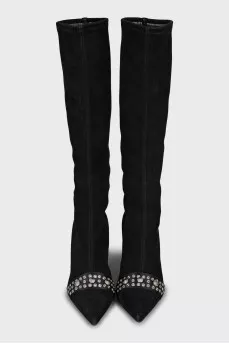 Suede over-the-knee boots decorated with eyelets