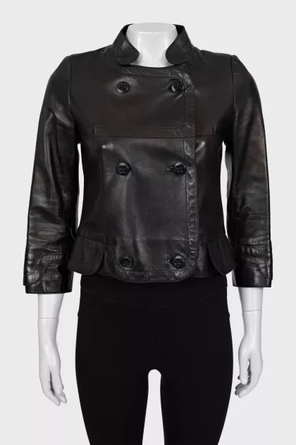 Cropped Leather Jacket with Buttons