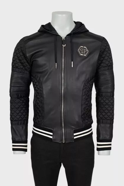 Men's leather jacket with shorn inserts