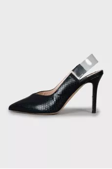 Black slingbacks with embossed leather