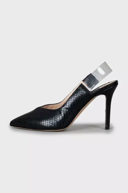 Black slingbacks with embossed leather