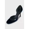 Velour shoes with patent leather inserts