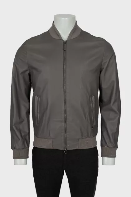 Men's grey leather bomber jacket