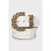 Embossed leather belt with tag