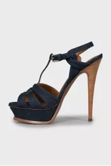 Denim high heel sandals with tag