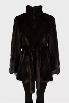 Loose-fitting fur coat with a belt