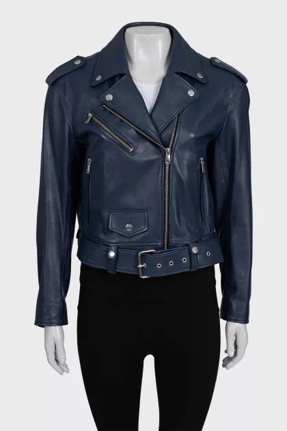 Blue leather jacket with tag