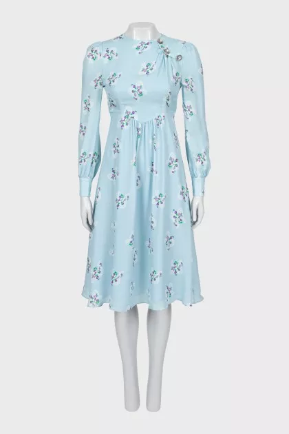 Blue silk dress with long sleeves