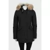 Black parka with fur on the hood