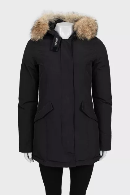 Black parka with fur on the hood