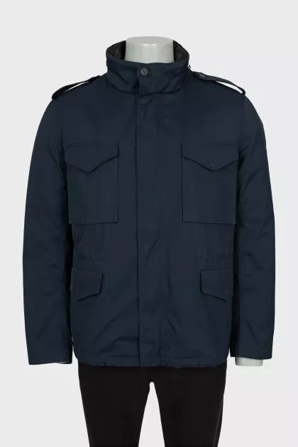 Men's blue down jacket with leather inserts
