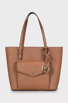 Brown tote bag with brand logo