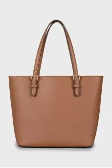Brown tote bag with brand logo