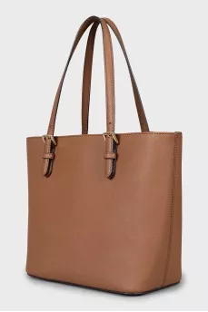 Brown tote bag with brand logo