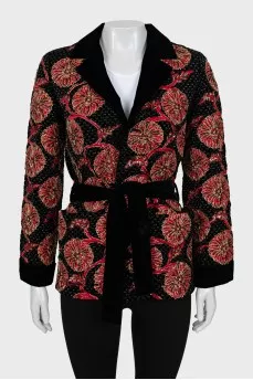 Jacket embroidered with beads with a belt