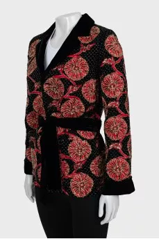 Jacket embroidered with beads with a belt