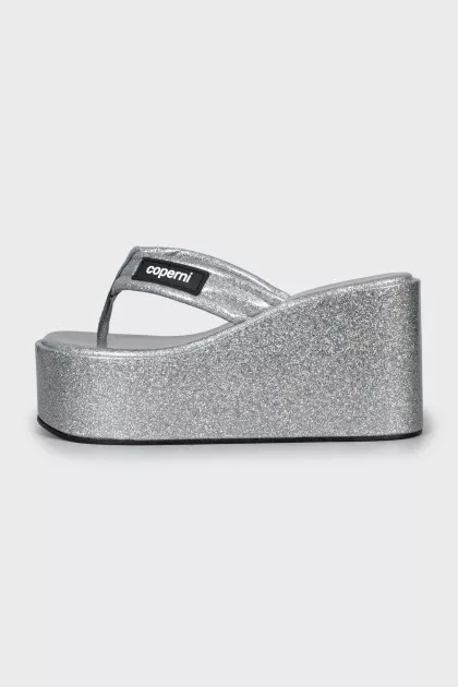Silver wedge flip flops