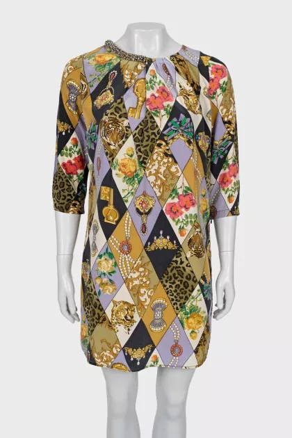 Silk dress with print and decor