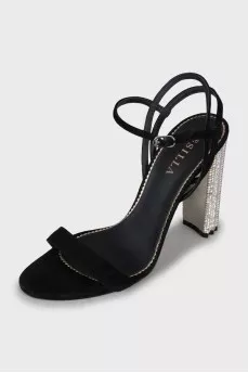 Suede sandals with rhinestones on heels