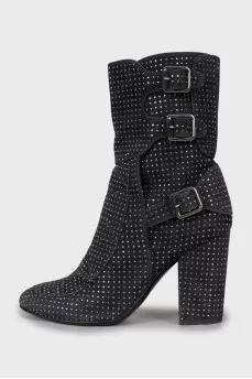 Grey suede ankle boots with rhinestones