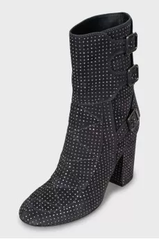 Grey suede ankle boots with rhinestones