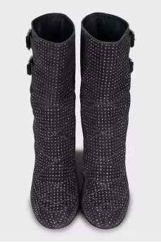 Grey suede ankle boots with rhinestones